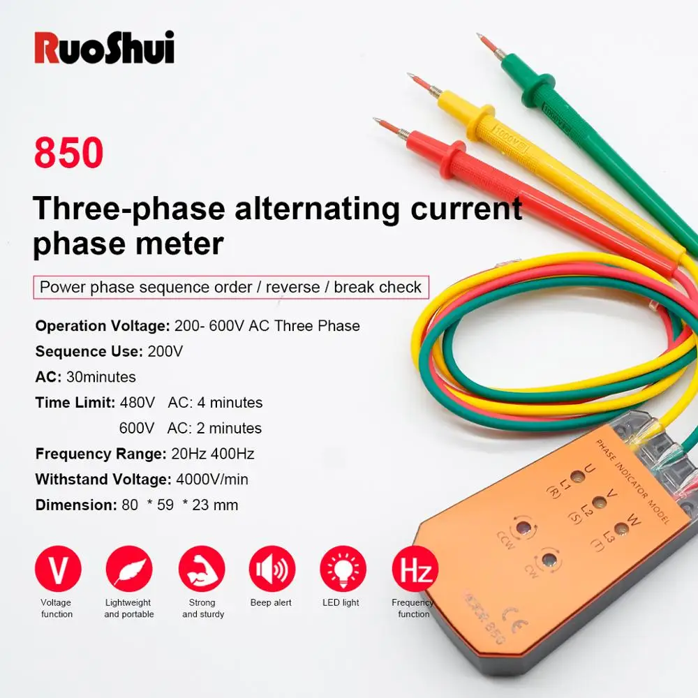 RuoShui 850 Three Phase Indicator Cable Tracker Rotation Phase Sequence Tester With LED Light Indicator 200V- 600V Voltage Meter