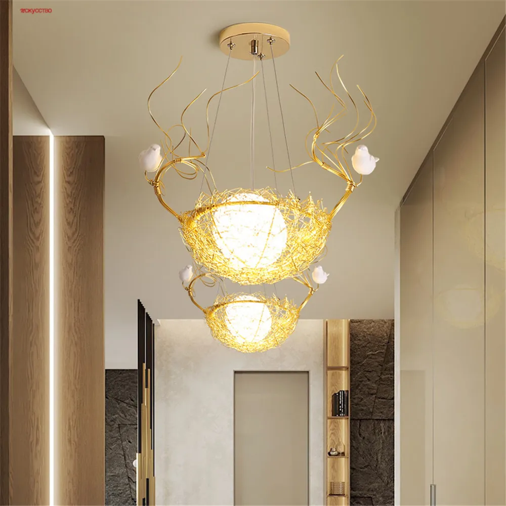 Nordic Cottagecore Decor Golden Bird'S Nest Led Pendant Lights For Kitchen Dining Table Hallway Loft Art Suspension Luminaires