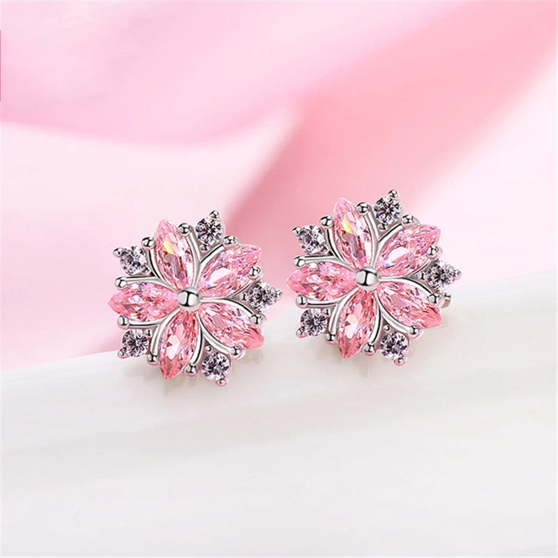 Bohemia Crystal Female Pink Snowfalke Earrings Wedding Jewelry Boho Small Sakura Flower Stud Earrings For Women Exquisite gift