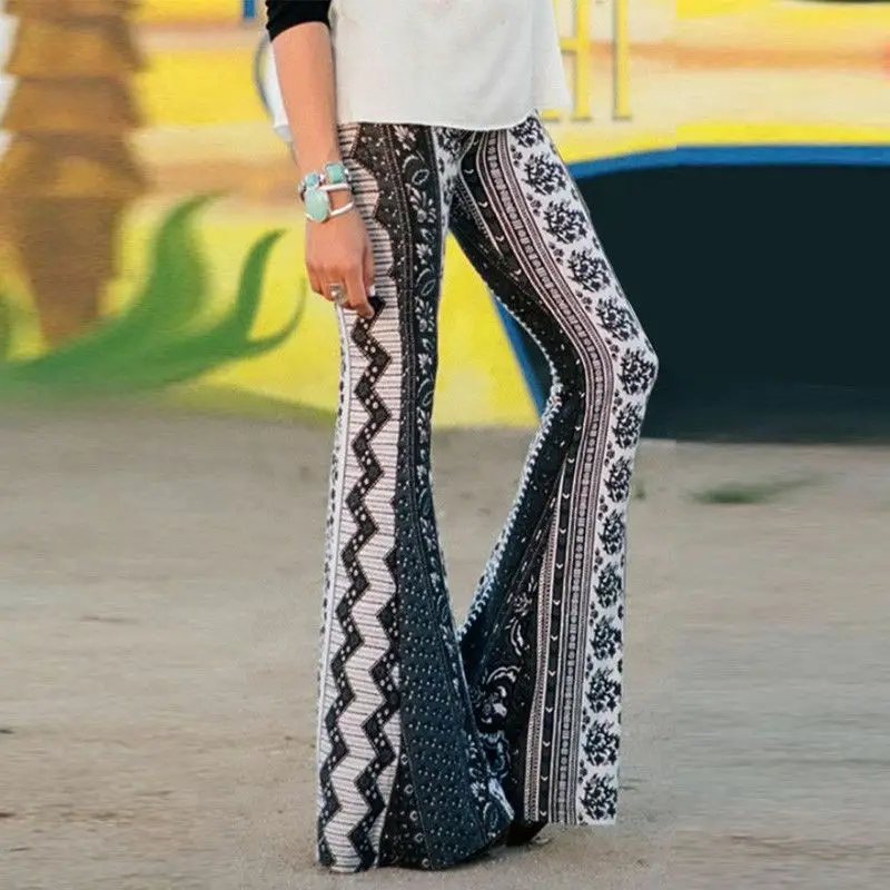 Summer Boho Sexy Slim Leisure Trousers Loose Hippie High Waist Printed Wide Leg Long Flared Bell Bottom Pants For Women