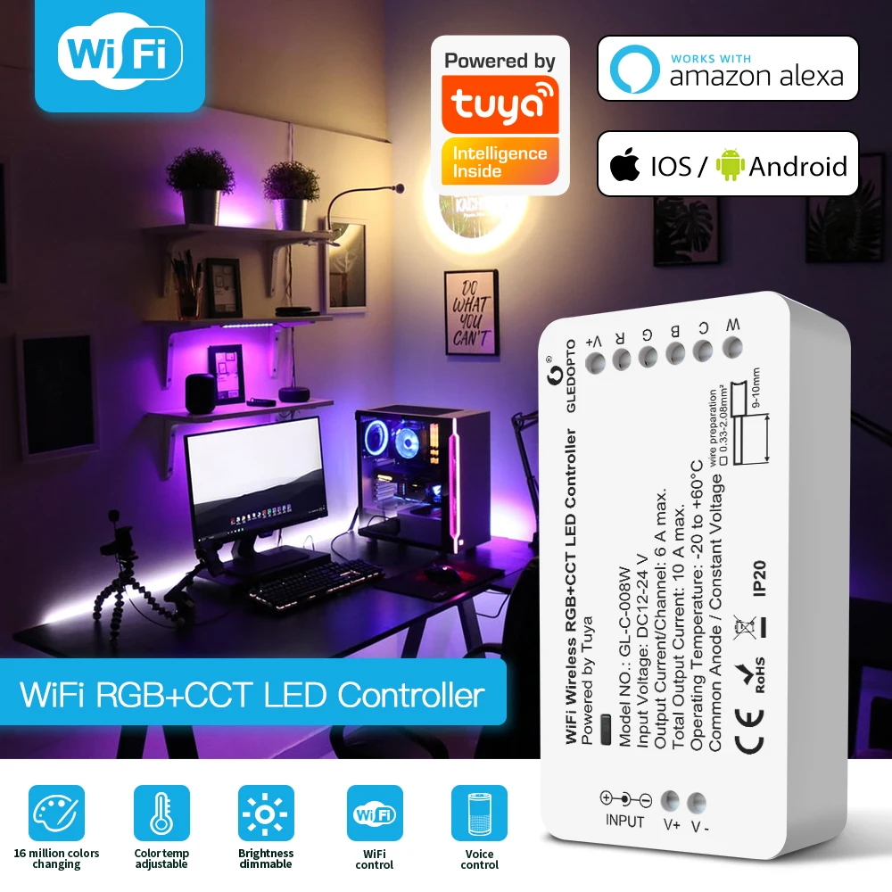 

DC12-24V ZigBee WIFI Wireless RGB+CCT LED Strip Controller Work With Gateways SmartThings Echo Plus APP Control/Voice Control