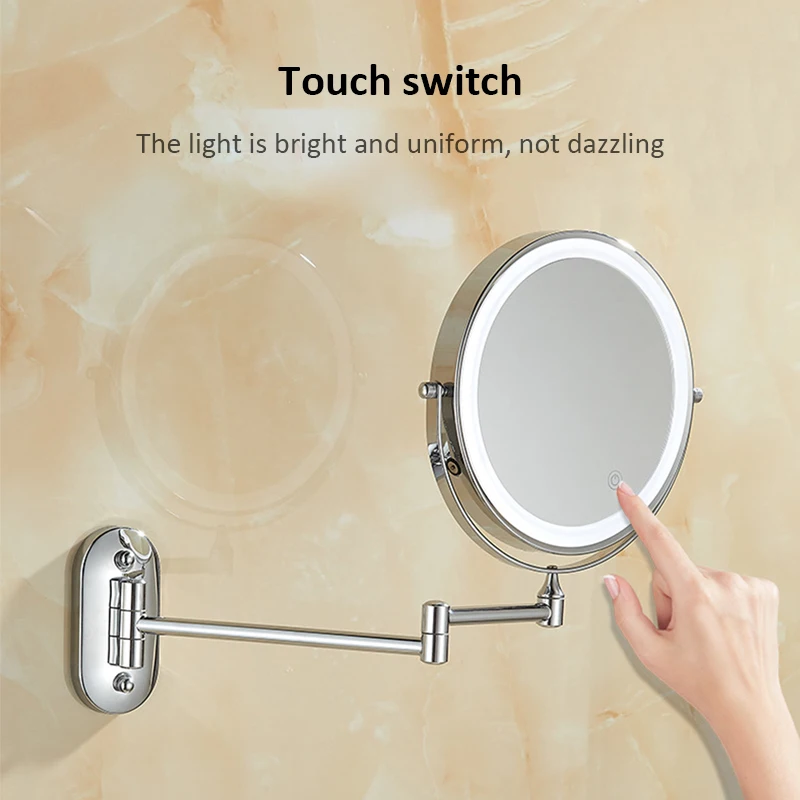 Foldable 8 Inch Bathroom Mirrors Wall-Mounted Double-sided Makeup Mirror with LED Adjustable Brightness 3X/5X/7X/10X Magnified