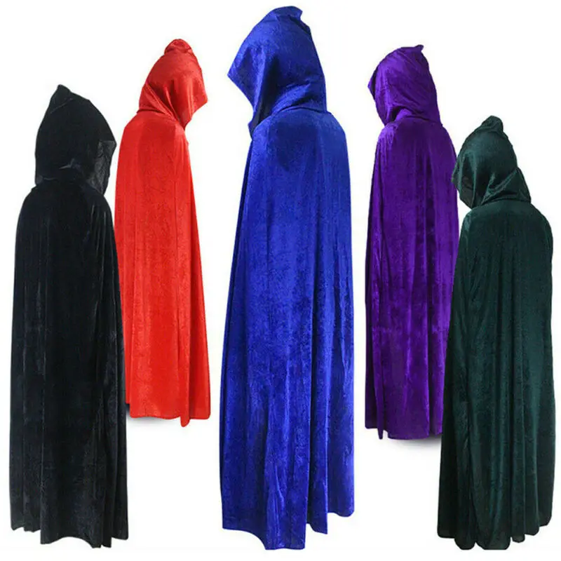 Adulto Halloween velluto mantello mantello con cappuccio Costume medievale strega Wicca vampiro uomo donna costumi spaventosi