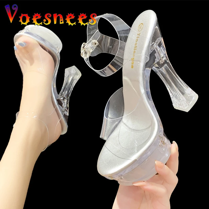 

Women Sandals Female Model T Station Catwalk Sexy Crystal Transparent Women Shoes 14CM High Heels Waterproof Square Heel Sandals