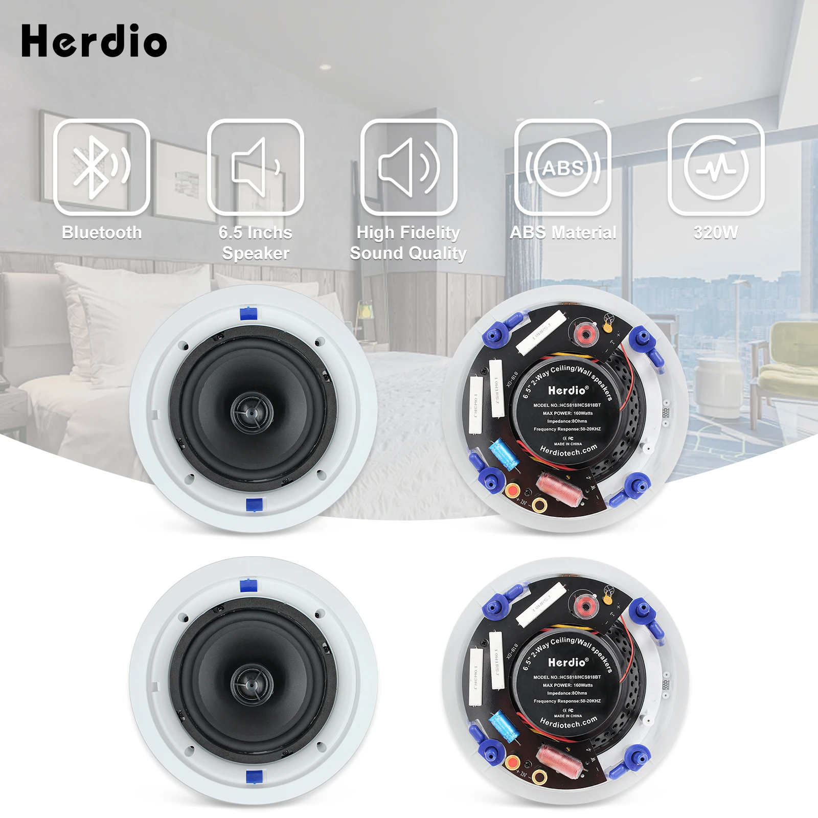 

Herdio 4 pcs 6.5'' 640 Watts 2-Way wireless Bluetooth Ceiling Speakers Package For Home Theater System Living Room Flush Mount