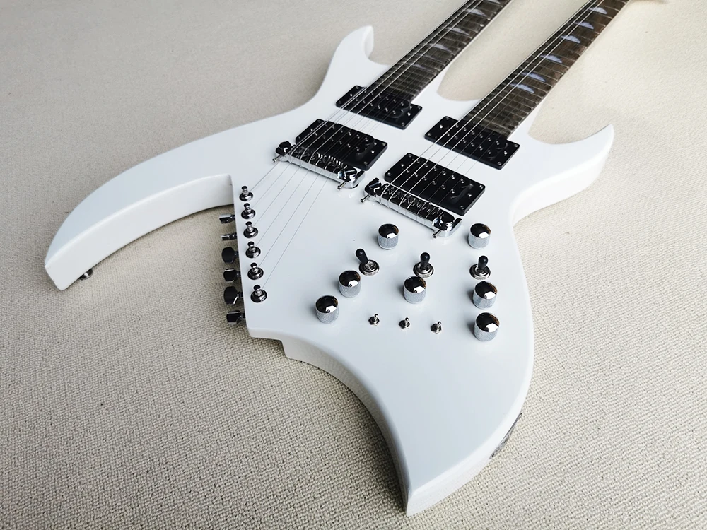 White 12+6 Strings Double Necks Electric Guitar with Hubuckers Pickups,Rosewood Fretboard