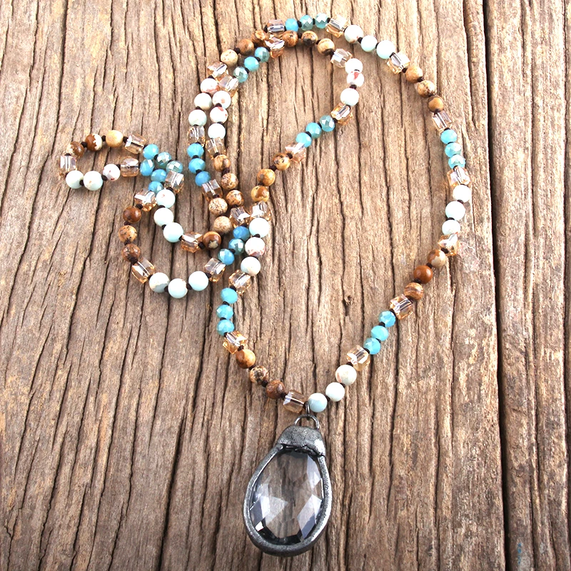 Fashion Bohemian Jewelry Natural Stones Crystal Knotted Glass Drop Pendant Necklaces Women Lariat Necklace