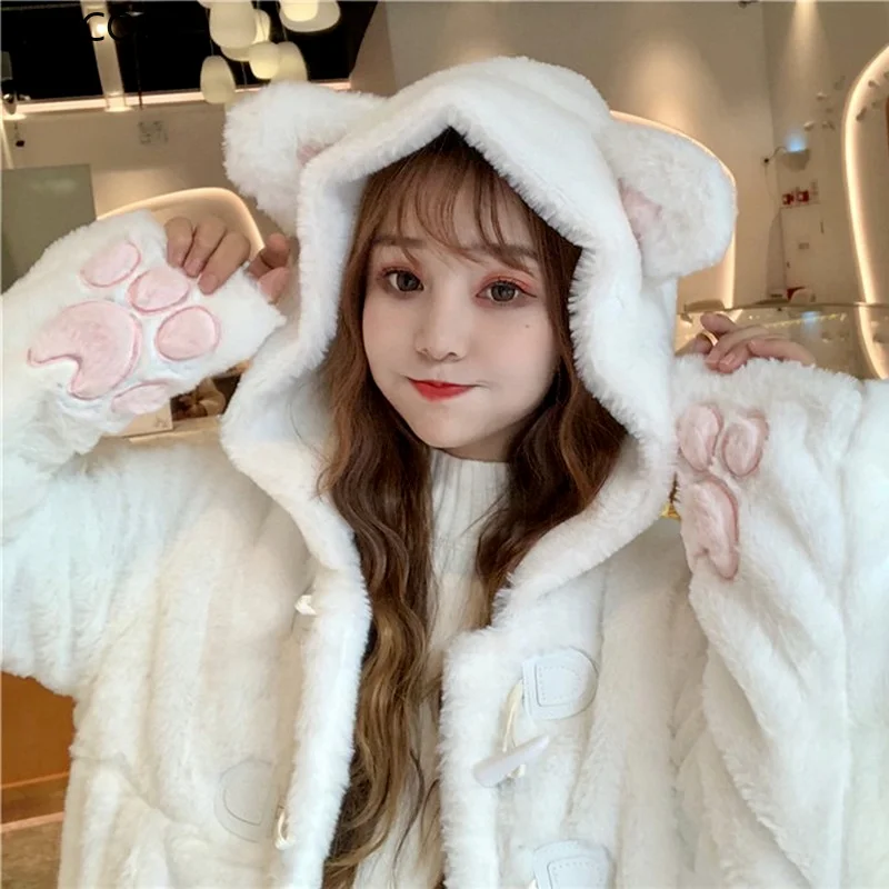 Lolita-chaqueta cálida de felpa suave para mujer, abrigos blancos gruesos, lindas orejas de gato, Parkas con capucha de Anime, prendas de vestir