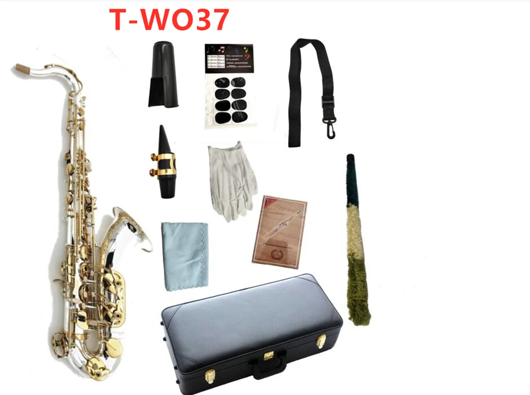 

T-WO37 Tenor Saxophone Bb Tune Musical Instruments Silver Plated Body Gold Lacquer Key Sax With Case Mouthpiece Free Shipping