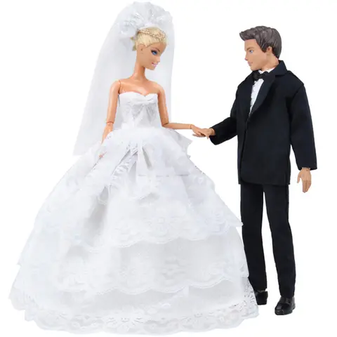 1 set dockkläder brudklänning vit 5 våningar 5-våningar tårtkjol Ken kläder bröllopskostym för Barbie docktillbehör 12 best sales Barbie brudklänning - №5