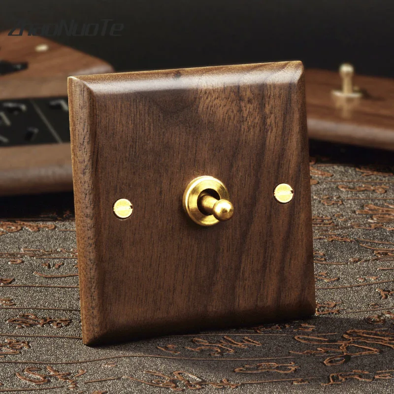 

Black Walnut Solid Wood Toggle Switch 1-4 Gang 2 Way Brass Lever Wall Lamp Switch EU Socket For Home Improvement