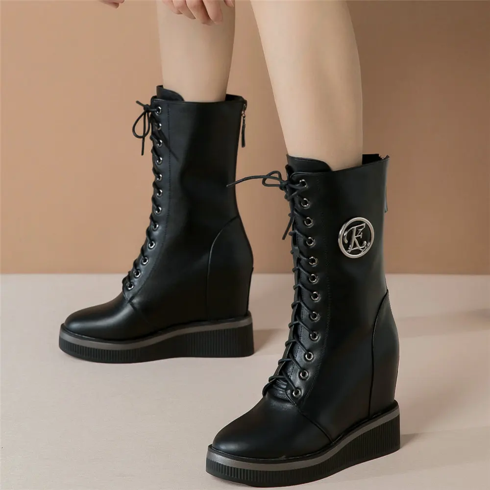 2023 Shoes Women Lace Up Genuine Leather Wedges High Heel Motorcycle Boots Female High Top Round Toe Platform Pumps Casual Shoes