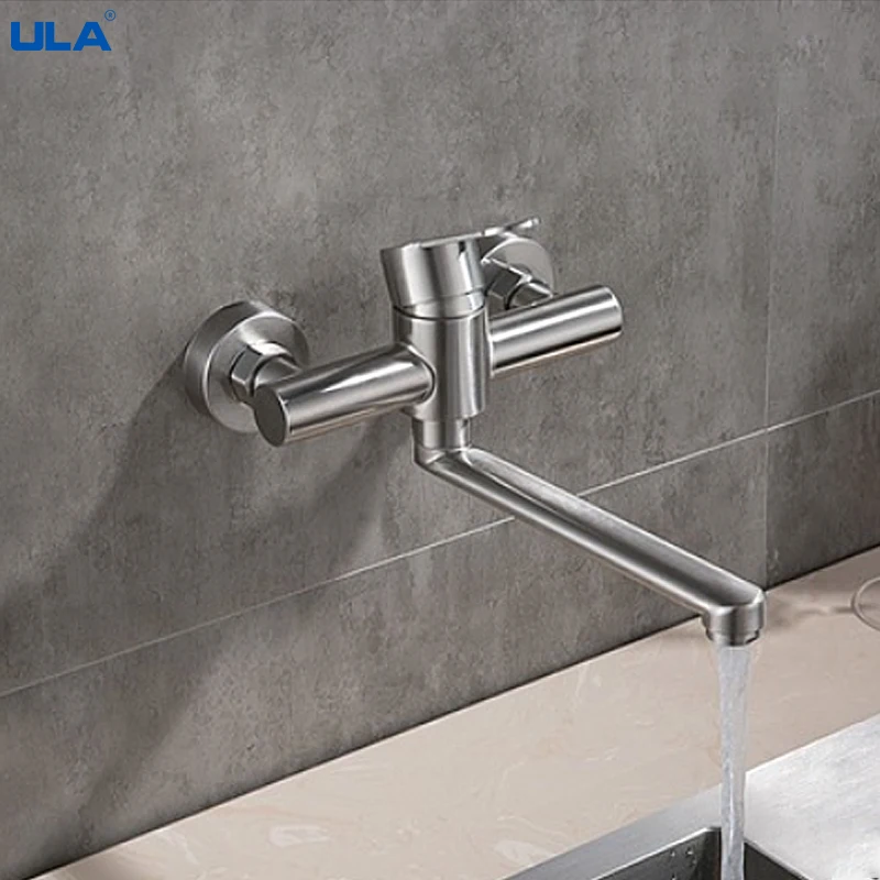 ULA Kitchen Faucets Stainless Steel Wall Mounted Dual Hole Bathroom 360 Rotate Basin Faucet Cold Hot Water Sink Crane Mixer Taps