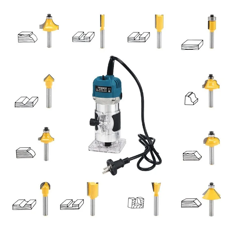 220V 800W Woodworking Electric Trimmer Wood Milling Engraving Slotting Trimming Machine Hand Carving Router EU Plug 6.35mm