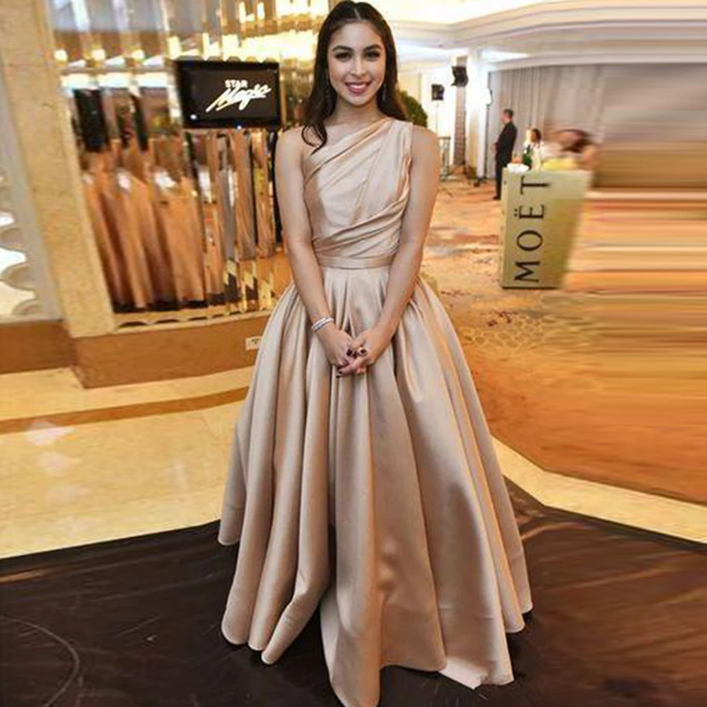 

Angelsbridep Satin Evening Dress 2021 One Shoulder Pleat Simple Prom Dresses Plus Size Formal Gown Vestidos Elegantes Para Mujer