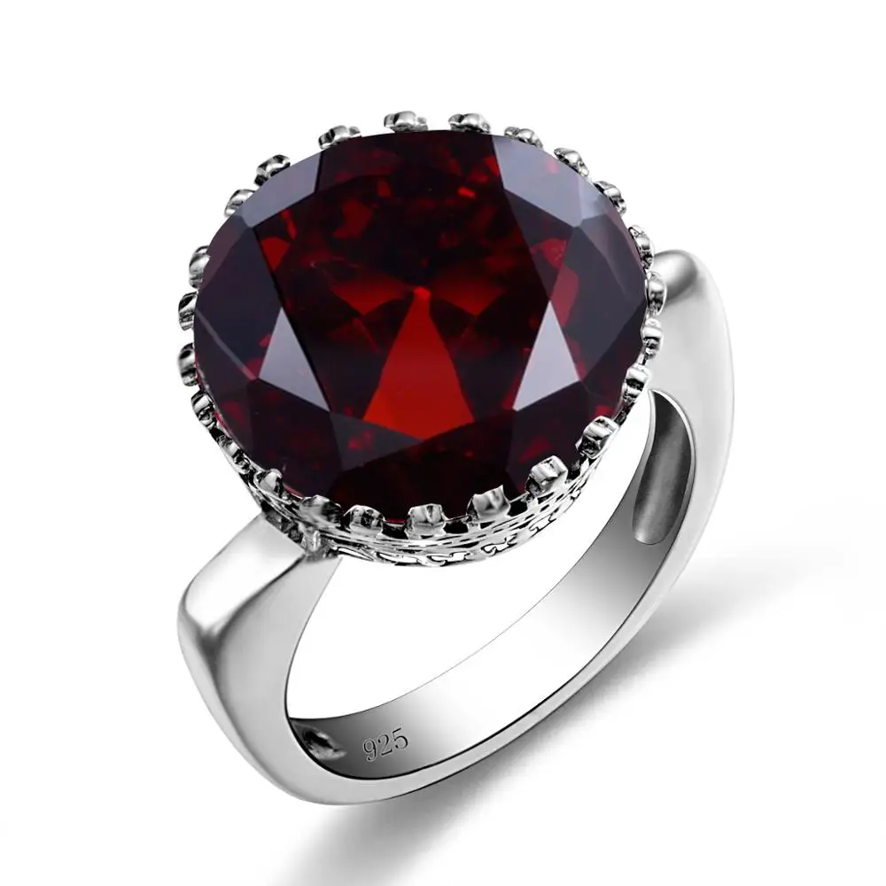 Szjinao okrągły Cut 16*16mm granat pierścień kobiety masywne oryginalne 925 srebro Vintage duże szerokie srebro 925 kobiet Jewellry F