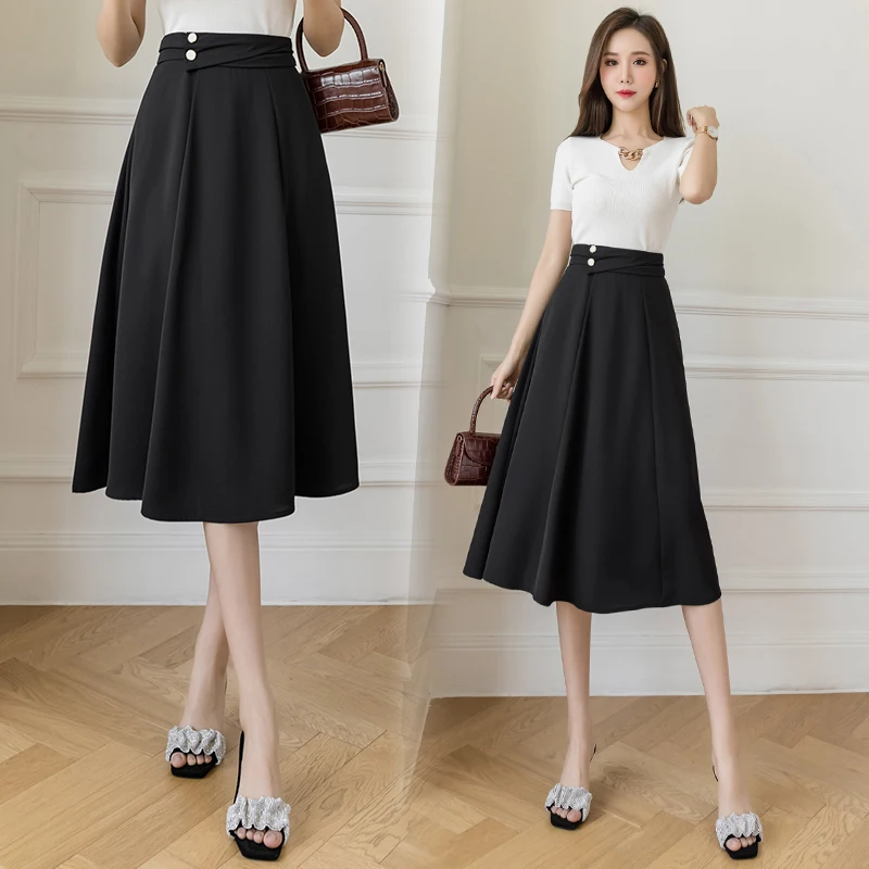 

Vintage High Waist Zipper A-line Midi Skirt Women Spring Summer Fashion Button Umbrella Skirt Ladies Party Elegant Skirts