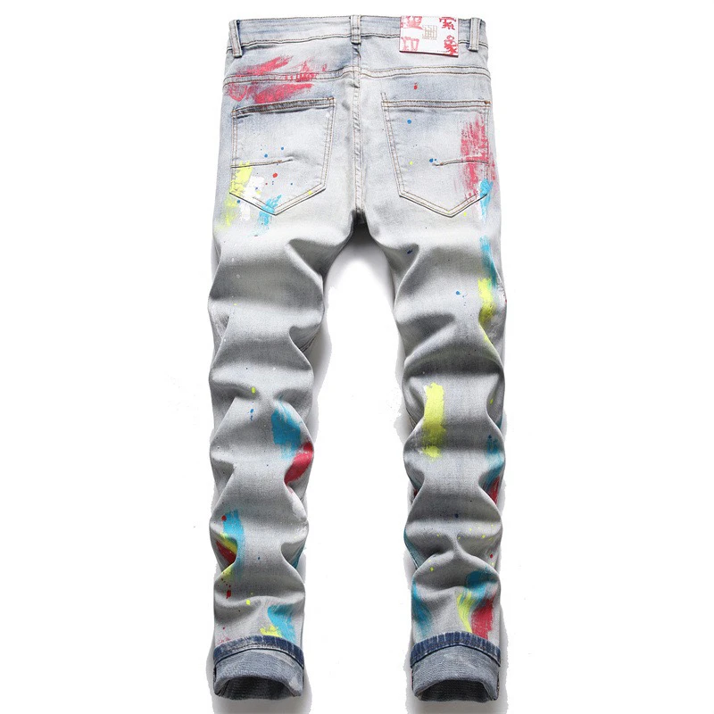 Splash-ink Brush Paint Jeans Rainbow Ripped Trim Soft Cotton Stretch Season Light Blue Cat Whisker Label High Street Fashion New