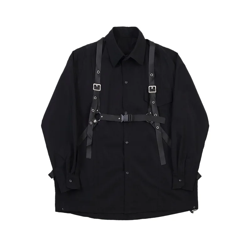 Camisa Negra de manga larga con tirantes de cuero para hombre y