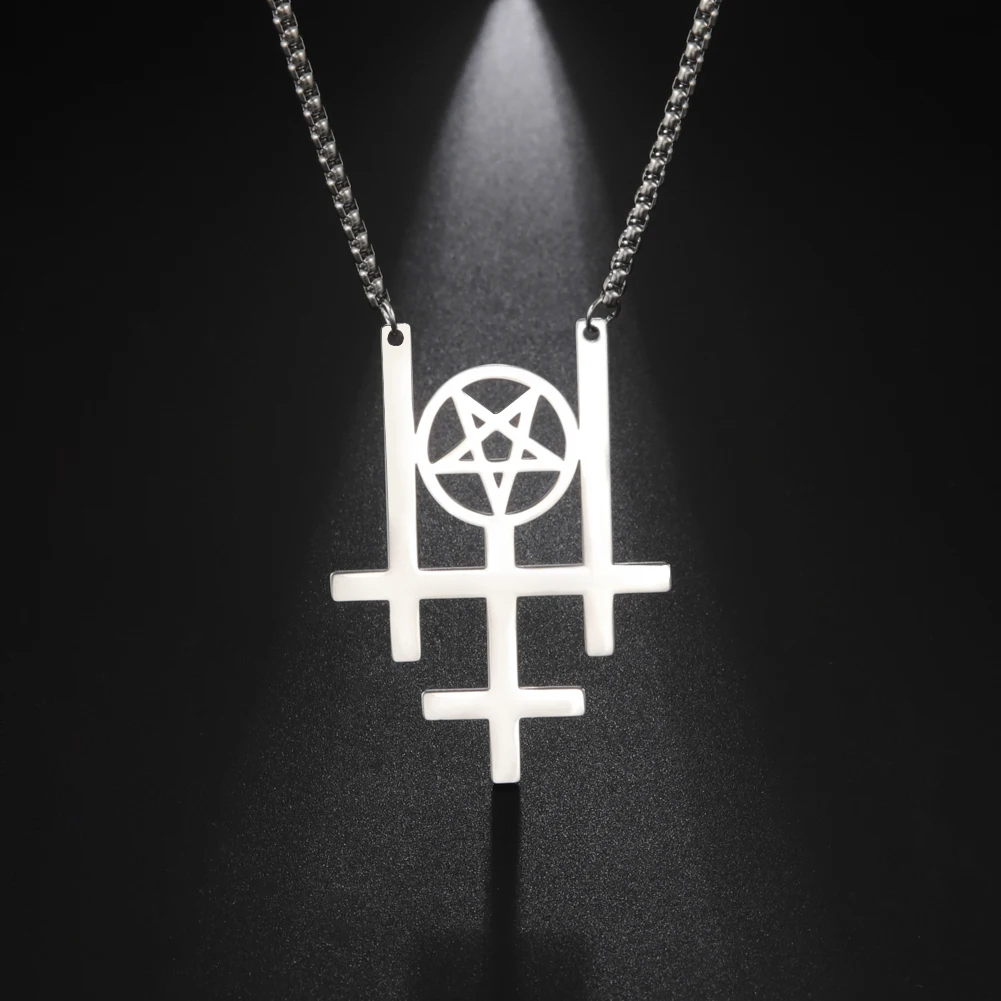 My Shape Triple ​Inverted Cross Pendant Necklace for Men Satan Occult Pentagram Gothic Satanic Religious Stainless Steel Jewelry