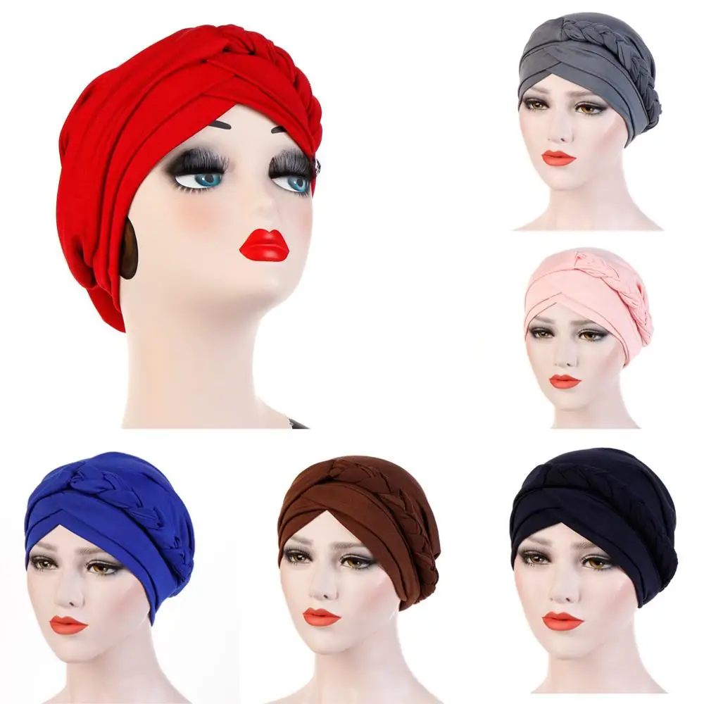 Muslim Women Braid Cross Whip Silk Turban Headwrap Hat Headscarf Chemo Beanie Caps Hijab Headwear Hair Accesories