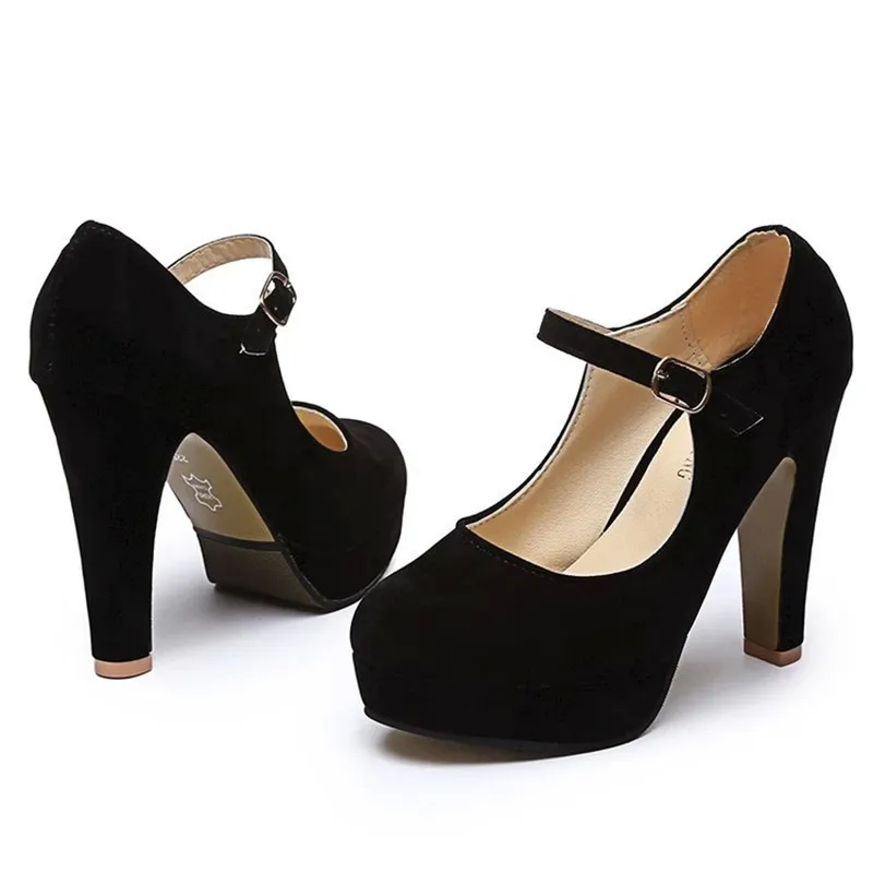 2025 Sexy Mary Janes New Women OL high heels Black Flock Women Pumps Female Platform Winter Thick with Autumn Round Single Shoes