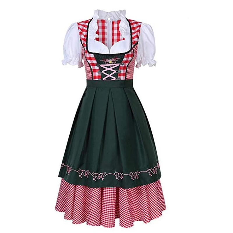 Plus Size Carnival Lady Dirndl Oktoberfest Costume Bavarian National Pink Plaid Dress Cosplay Halloween Fancy Party Dress