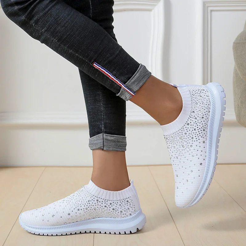 Crystal Sneakers Women Shoes New Casual Loafers Woman Summer Slip-on Plus Size Shoes High Quality Trainers Ladies Flat Run Shoes