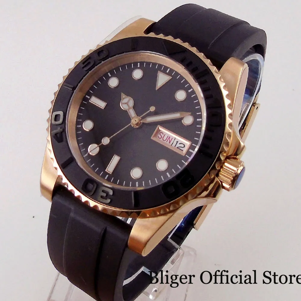 BLIGER NH36A WEEKDAY Date Rose Gold Coated Selfwinding Men Watch Flat Sapphire Glass Rubber Band Black Insert