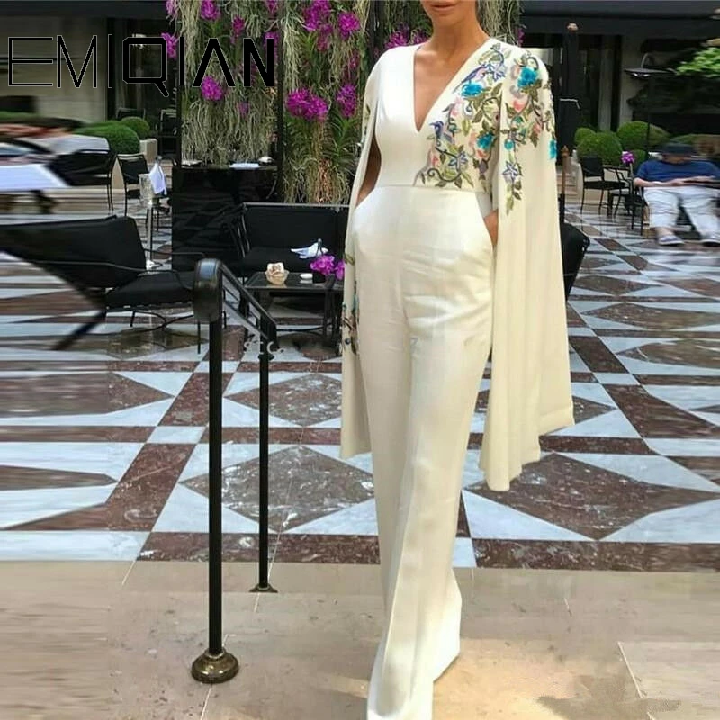 Long Embroidery Jumpsuit Long Pant jumpsuit Long Sleeve Formal Dress White Jumpsuit V Neck Jumpsuits Dubai Gown