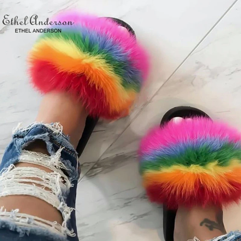 

Ethel Anderson Women's Furry Slippers Ladies Fashion Real Fox Fur Hair Fluffy Summer Sandals Comfort Genuine Fur Flip-flops