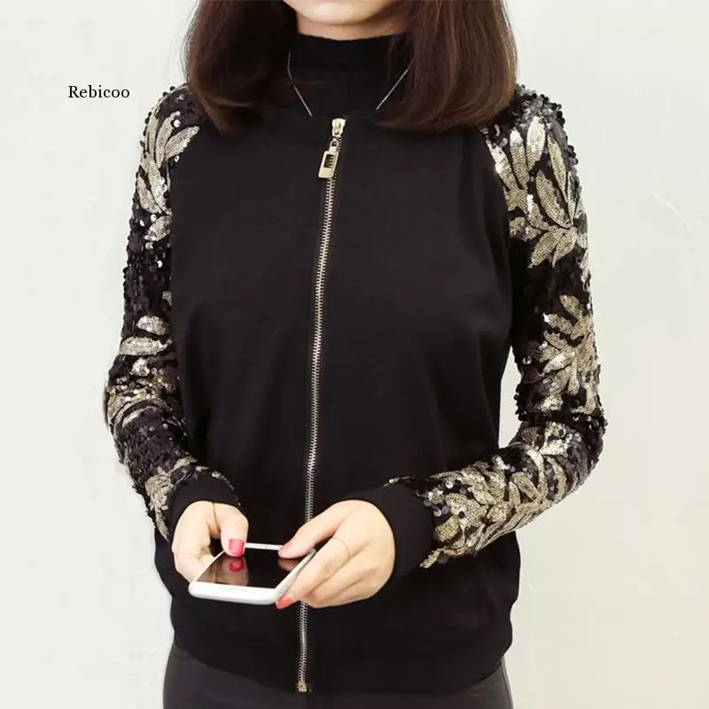 Women Sequin Sleeves Black Bomber Jacket O-Neck Floral Coat New  Ladies Sequin Jackets