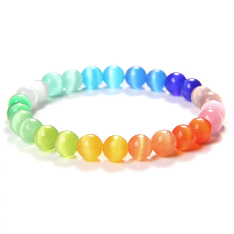 Rainbow 8 mm Cat Eye Stone Beads Bracelets Men Handmade Bracelet For Women Elastic Pulsera Lucky Friendship Party Jewelry Gifts