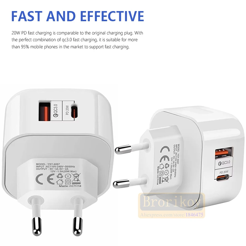 PD 20W USB Type C Charger EU US UK Adapter Fast Phone Charge For iPhone 12 Pro Max 11 X Xs Xr 6 7 8 iPad Huawei Xiaomi  Samsung