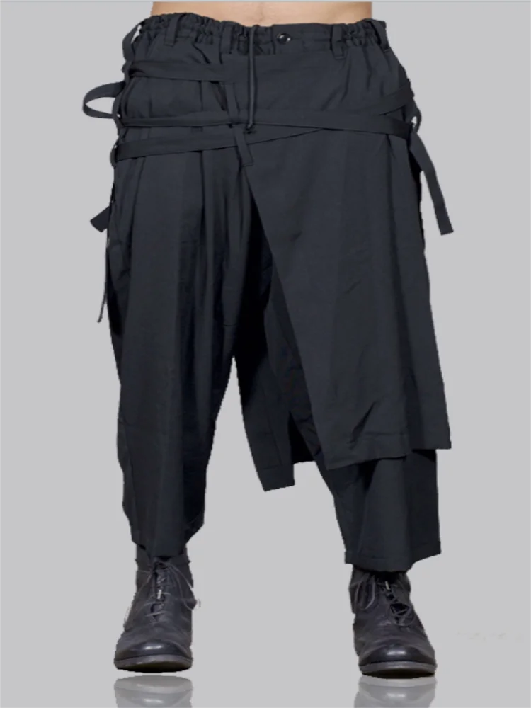 Spring and Autumn new irregular multi - belt deconstructing pants black classic multi - layer Japanese loose small leg pants