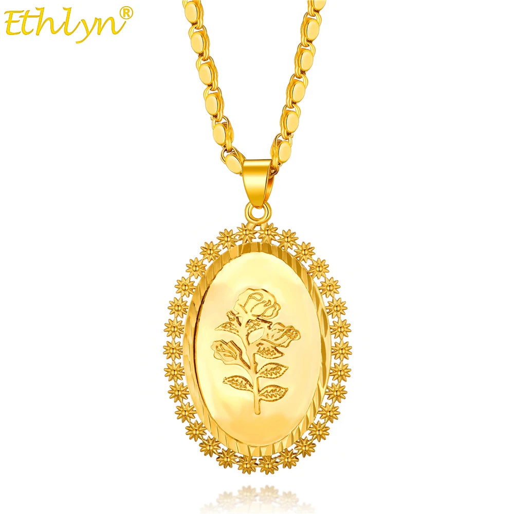 

Ethlyn New Fashion Oval Flower Pendant Necklace for Mom Gold Color Chain Statement Necklace Accessories Party Gift MY319