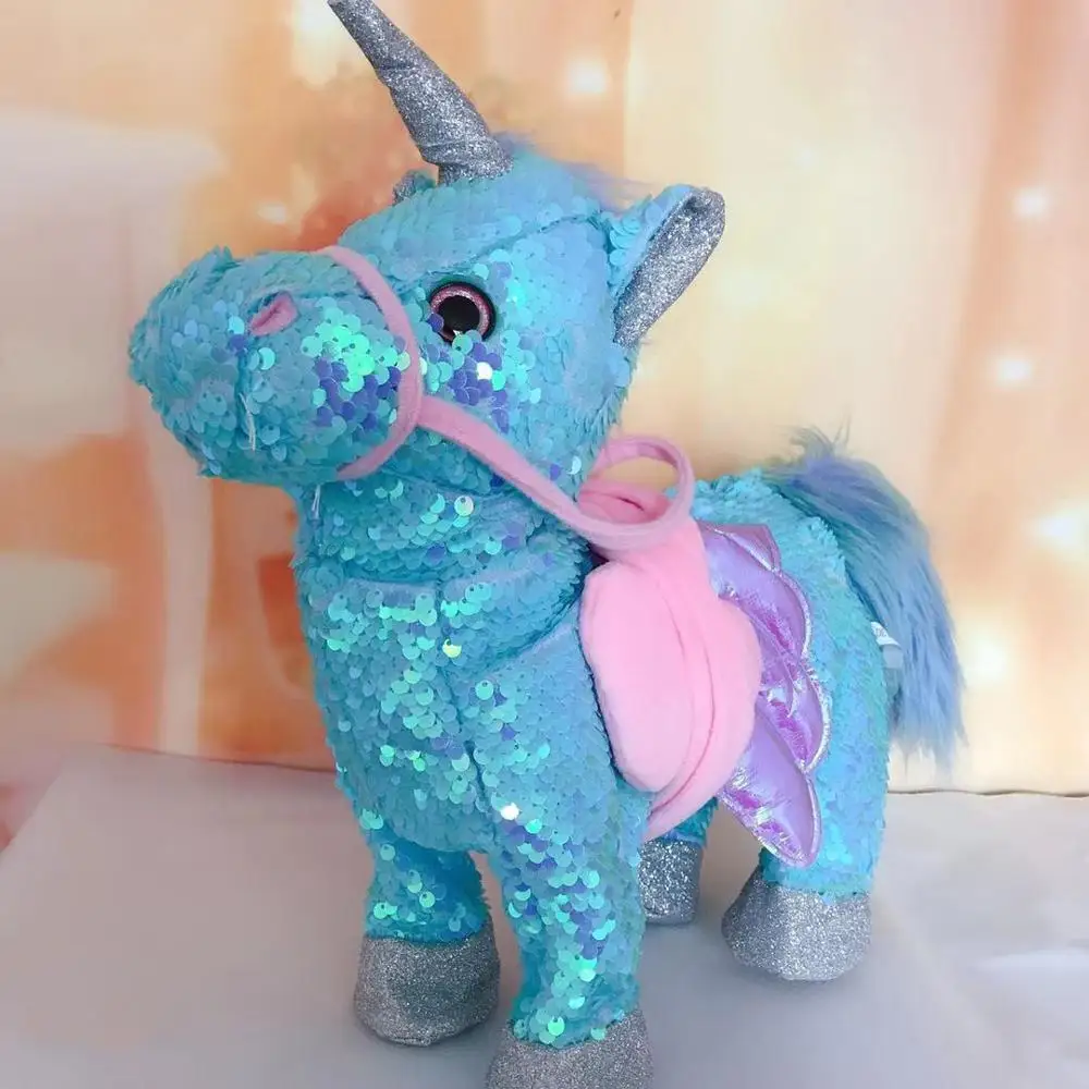 Unicornio eléctrico de lentejuelas para niños, juguetes de peluche de animales de peluche, música electrónica, regalo, novedad de 2019