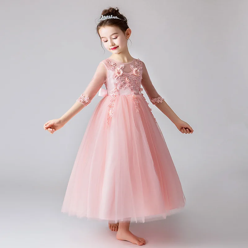 Flower Girls Wedding Ceremony Embroidery Lace Trailing Dress Kids Floral Ball Gown Dresses for Girls Formal Evening Clothing