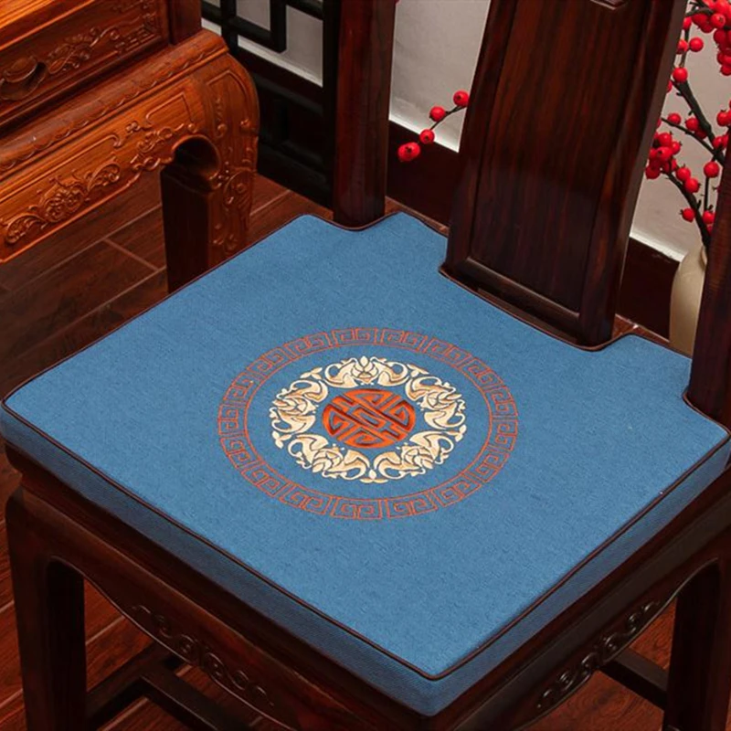 Custom Embroidery Lucky Gap Seat Pad Concave Dining Side Chair Cushion Anti-Slip Irregular Chinese Style Cotton Linen Sits Mat