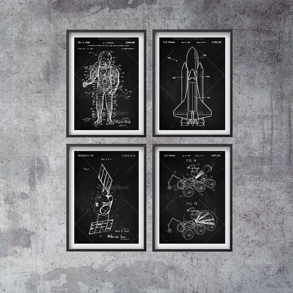 Space Patent Set of 4, Spacecraft Patent, Satellite Poster, Space Wall Art, Astronaut Suit