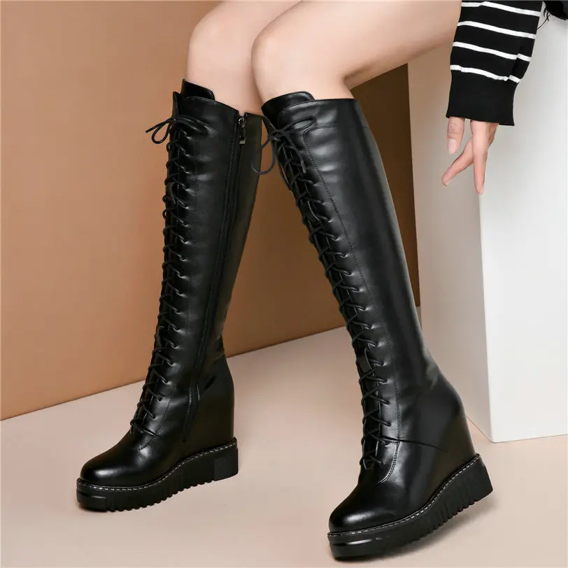 2020 Women Lace Up Genuine Leather Wedges High Heel Knee High Boots Female Winter Warm Warm Thigh High Platform Fashion Sneakers