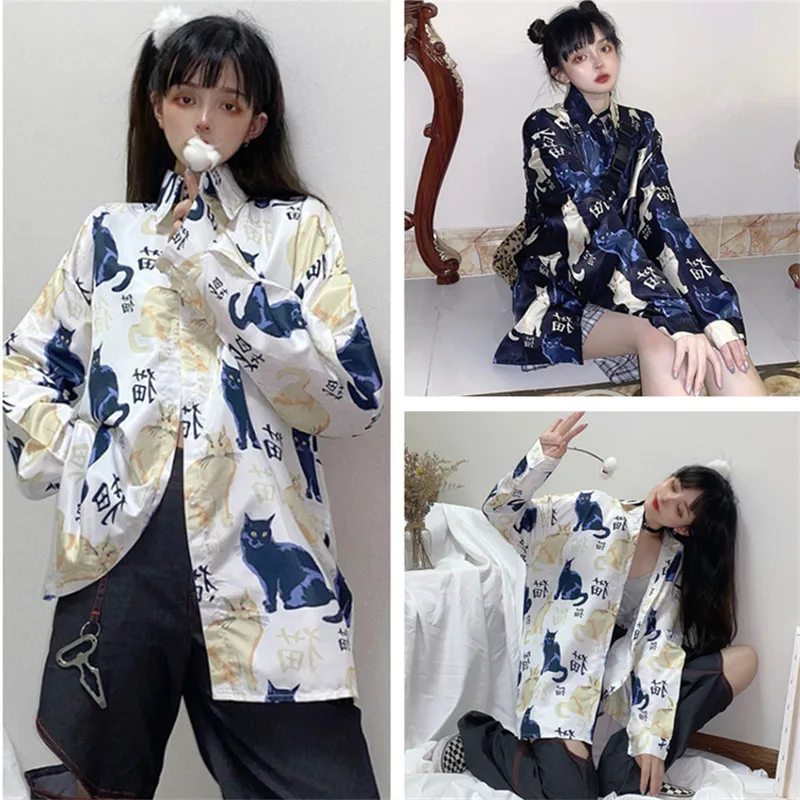 

Spring/autumn Long-sleeve Womens Casual Shirt Street Trend Oversize Style Loose Tops Cute Cat Pattern Fashion Women's Clothing