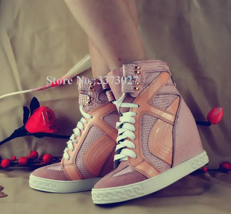 

Patchwork Snake Leather Pink Wedge Shoes Woman Sexy Increased Within Ankle Boots Ladies Lace-up Casual Sneakers