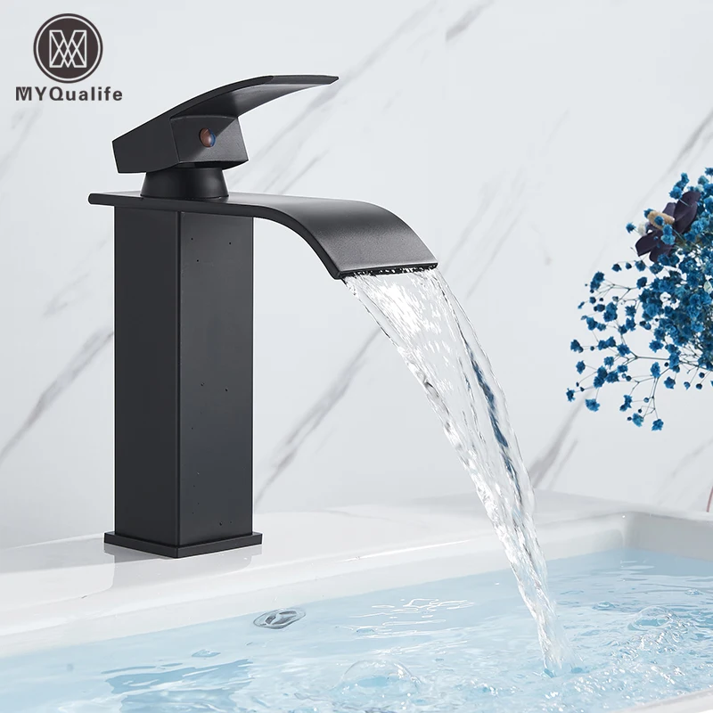 Black Waterfall Bathroom Faucet Basin Vanity Vessel Sinks Mixer Tap Cold And Hot Water Tap Single Hole Bath Sink Faucets Crane