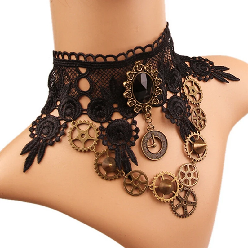 Steampunk GothicCharm Choker Hollow Flower Sexy Lace Necklace Jewelry Accessories Necklaces Women Statement Gear Chain Design