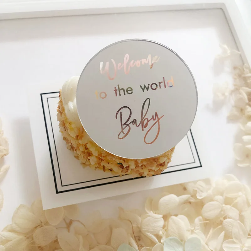 Welcome to the Wolrd Baby Cupcake Topper Gold Acrylic Birthday Cake Topper for Baby Shower Party Cake Decorations 5cm Circle