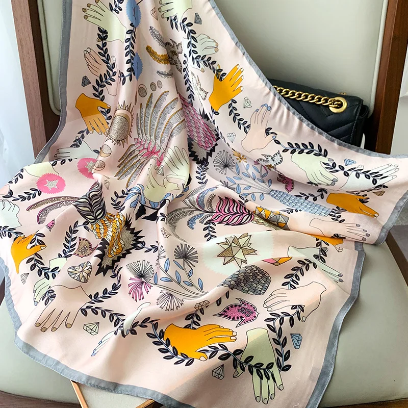 Women Silk Scarf 2020 New Square Foulard Lady\'s Neck Hair Design Cartoon Hands Printed Head Kerchief Fashion Girl Hair Scarfs
