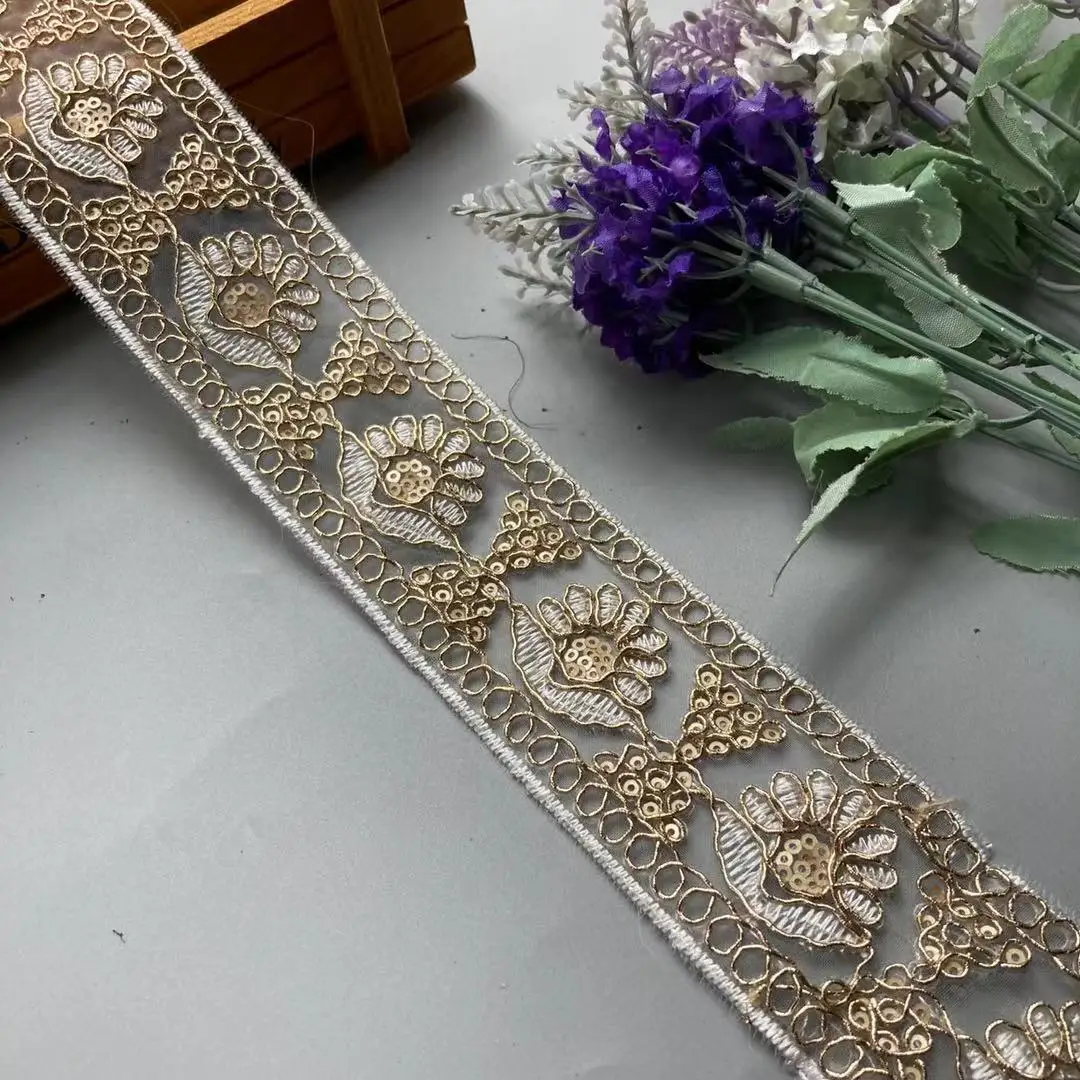 1 Yards Sequin Lace Trim Lace Ribbons Fabric DIY Embroidery for Garments Headdress Ethnic Wedding Decor Sewing Handmade Supplies