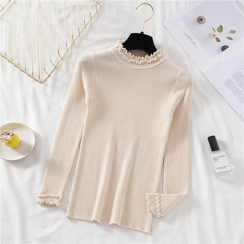 Half Turtleneck Ruffles Women Sweaters High Elastic Slim New Autumn Winter Female Sweater Long Sleeve Knitted Pullover Tops