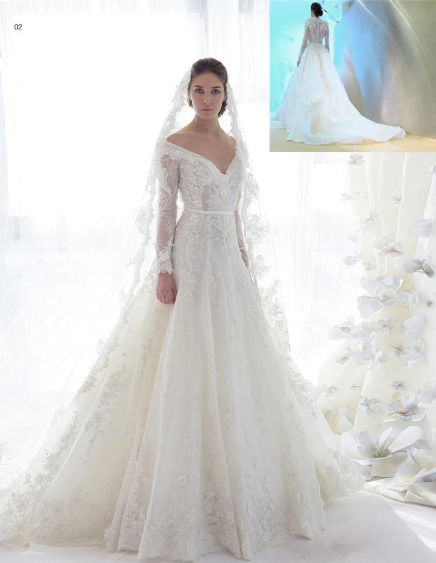 Robe de mariée en Tulle et dentelle perlée, tenue de mariage sur mesure, à manches longues, épaules dénudées, avec traîne et cristaux, grande taille